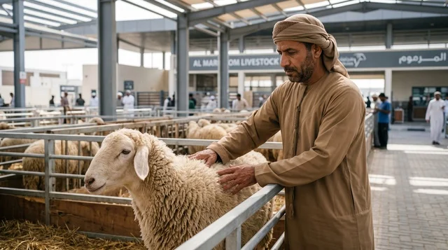 Emirati Man Inspecting Sheep at Dubai Livestock Market