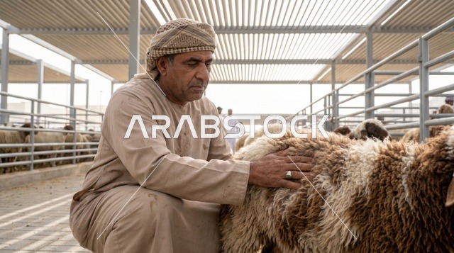 رجل إماراتي يعاين الأغنام في سوق مواشي دبي