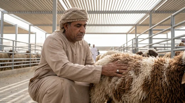 Emirati Man Inspecting Sheep at Dubai Livestock Market