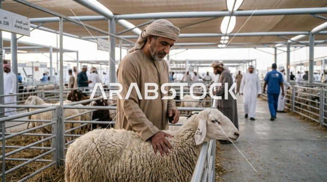 رجل إماراتي يختار خروف العيد في سوق مواشي دبي الحديث