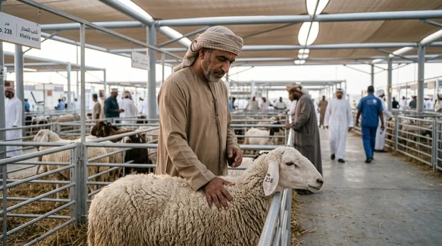رجل إماراتي يختار خروف العيد في سوق مواشي دبي الحديث