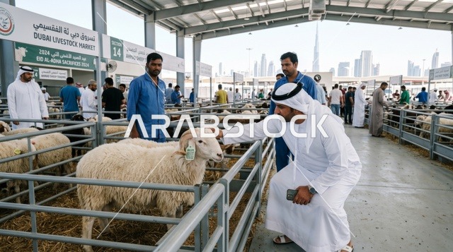 رجل إماراتي يشتري أضحية العيد في سوق دبي للمواشي