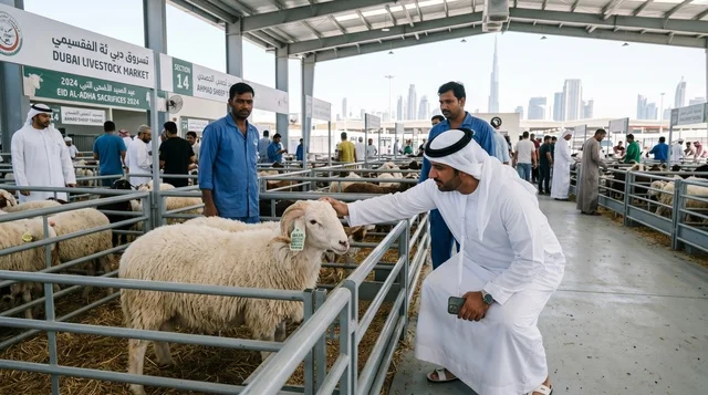 رجل إماراتي يشتري أضحية العيد في سوق دبي للمواشي