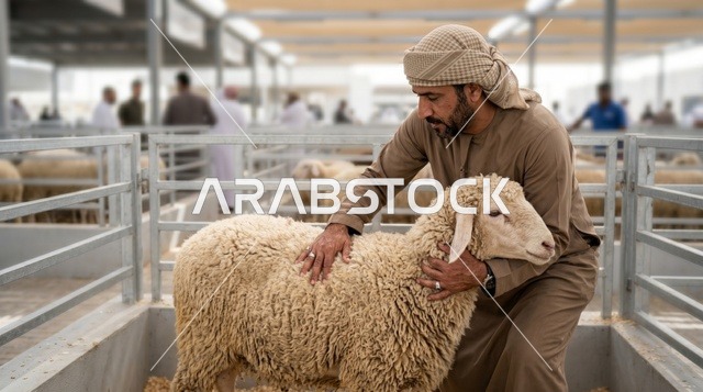 رجل إماراتي يعاين خروف العيد في سوق مواشي حديث، شراء أضحية عيد الأضحى في دبي.