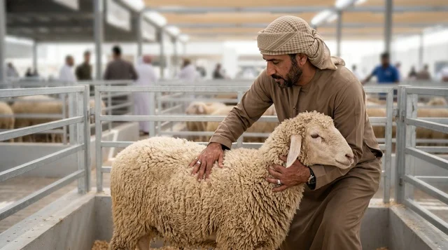 رجل إماراتي يعاين خروف العيد في سوق مواشي حديث، شراء أضحية عيد الأضحى في دبي.