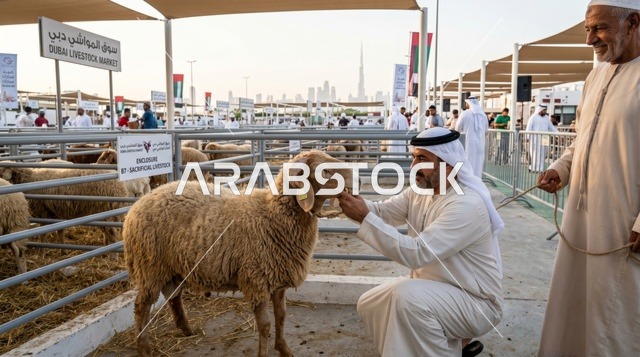 رجل إماراتي يعاين خروف العيد في سوق مواشي دبي