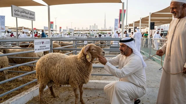 رجل إماراتي يعاين خروف العيد في سوق مواشي دبي