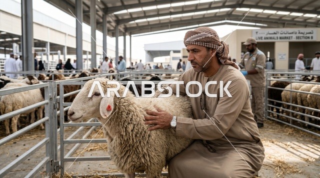 رجل إماراتي يعاين خروف العيد في سوق مواشي دبي