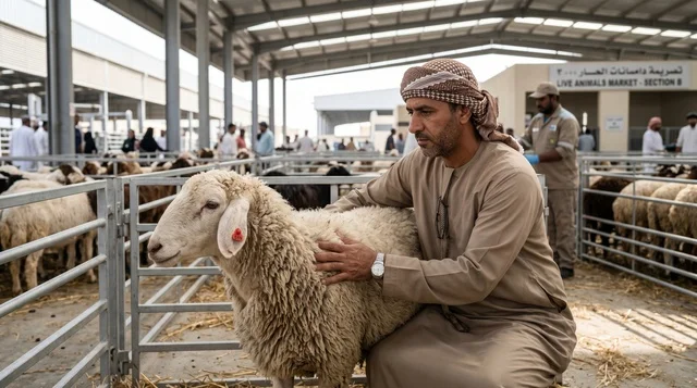 رجل إماراتي يعاين خروف العيد في سوق مواشي دبي