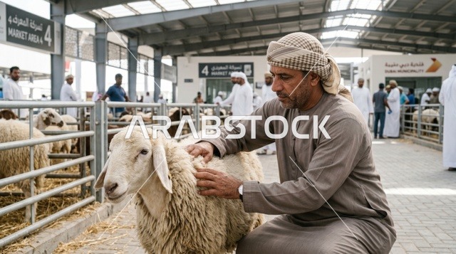رجل إماراتي يعاين أضحية العيد في سوق دبي للمواشي