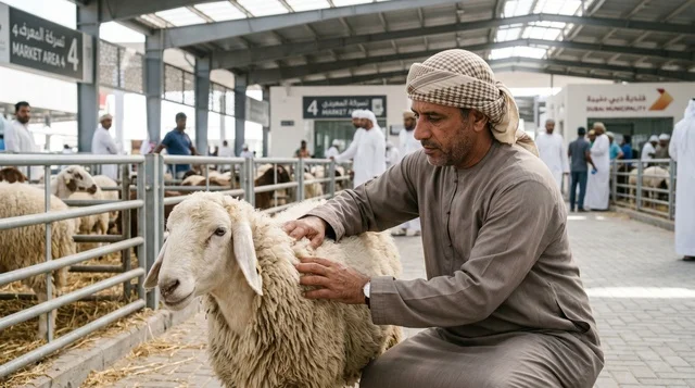 رجل إماراتي يعاين أضحية العيد في سوق دبي للمواشي