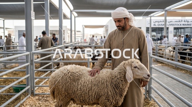 رجل إماراتي يعاين أضحية العيد في سوق دبي