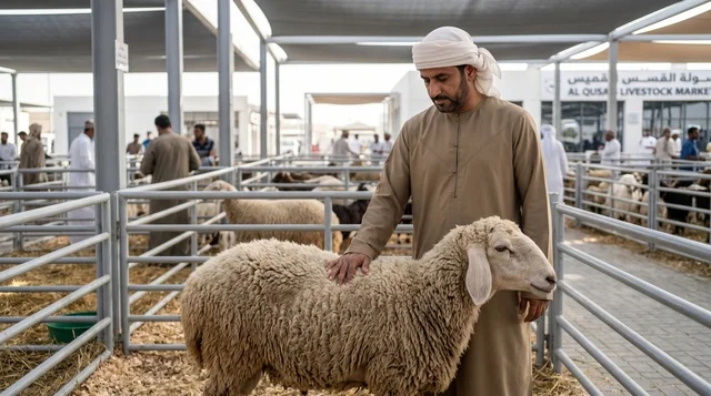 رجل إماراتي يعاين أضحية العيد في سوق دبي