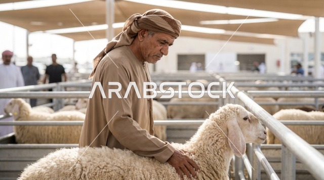 رجل إماراتي يعاين خروف العيد في سوق دبي