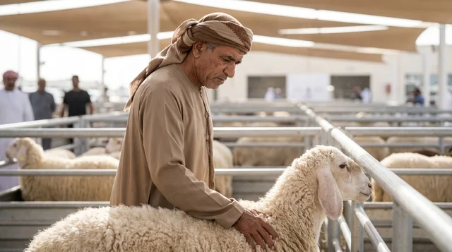 رجل إماراتي يعاين خروف العيد في سوق دبي