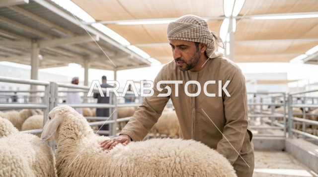 Emirati Man Inspecting Eid Sheep Dubai Livestock Market