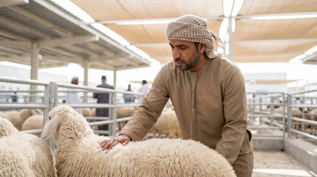 Emirati Man Inspecting Eid Sheep Dubai Livestock Market