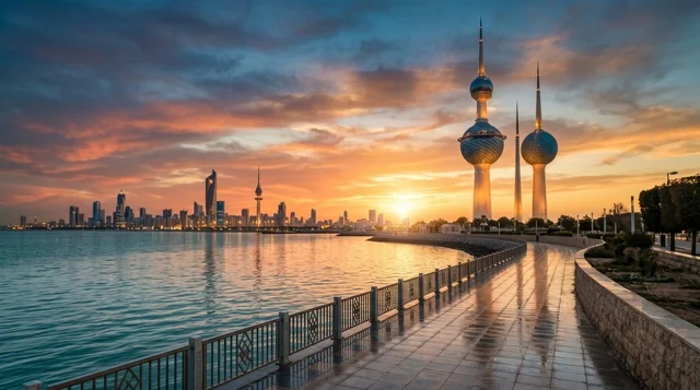 أبراج الكويت وأفق المدينة وقت الغروب