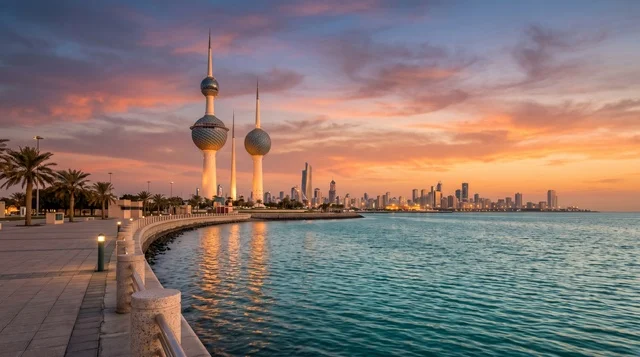 Kuwait Towers and City Skyline at Sunset