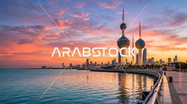 Kuwait Towers and City Skyline at Sunset - Photo