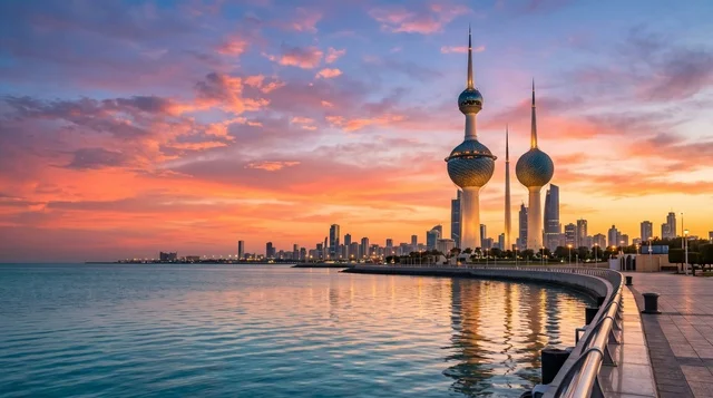 Kuwait Towers and City Skyline at Sunset