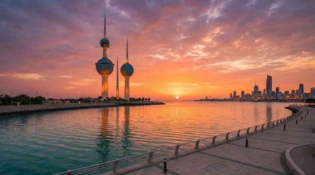 أبراج الكويت وأفق مدينة الكويت وقت الغروب