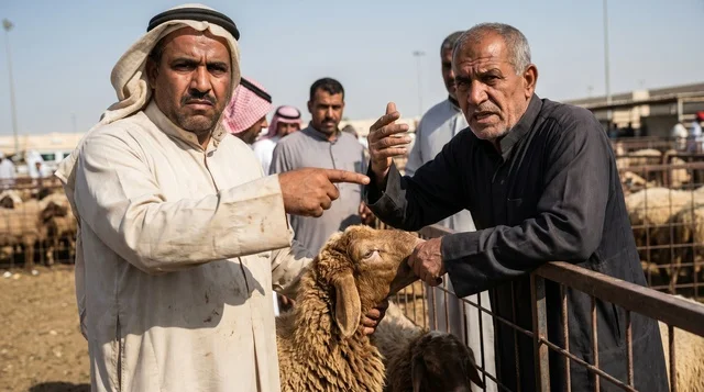 Kuwaiti Men Negotiating Livestock Purchase at Sheep Market