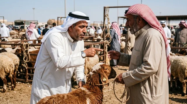 Kuwaiti Buyer and Seller Trading Sheep at Livestock Market