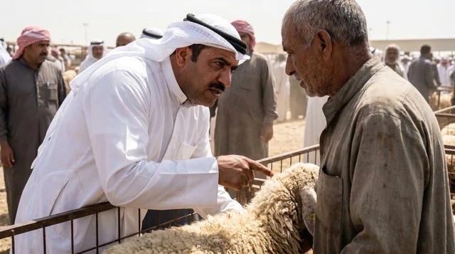 Kuwaiti Man Negotiating at Sheep Market Livestock Trading