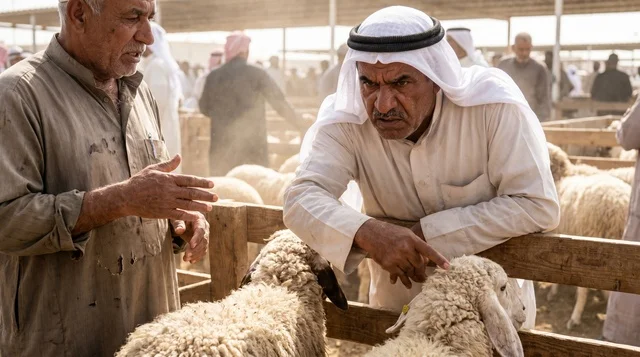 مشتري كويتي يتفاوض على الأسعار في سوق الغنم المحلي