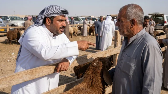 Kuwaiti Man Negotiating Livestock at Traditional Sheep Market Kuwaiti Man Negotiating Livestock at Traditional Sheep Market