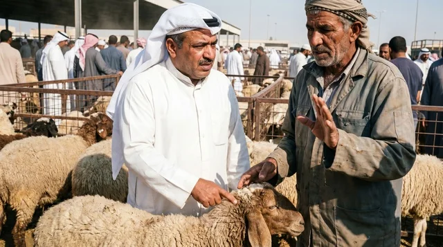 رجل كويتي يتفاوض على شراء الأغنام في السوق