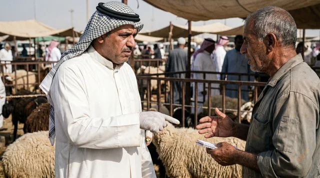 Kuwaiti Man Negotiating Price at Outdoor Sheep Market