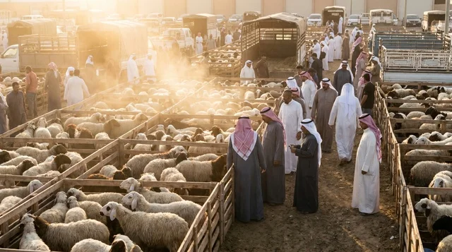 سوق الري للمواشي في الكويت وحظائر الأغنام وقت الغروب