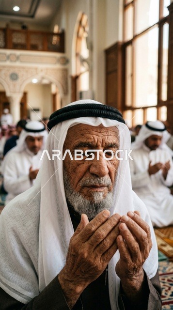 رجل كويتي مسن يصلي في المسجد لقطة مقربة