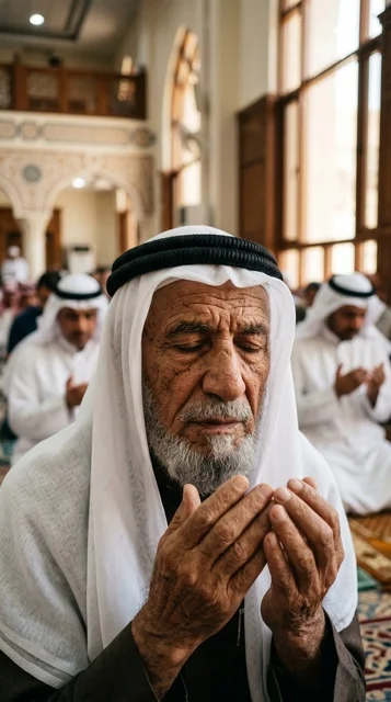 رجل كويتي مسن يصلي في المسجد لقطة مقربة