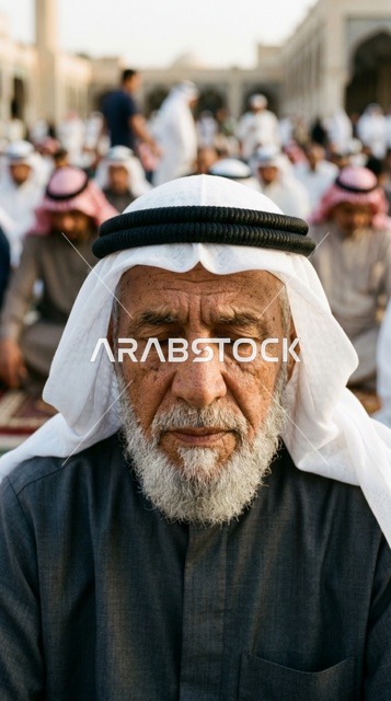 Elderly Kuwaiti Man Praying Eid Prayer Close-up