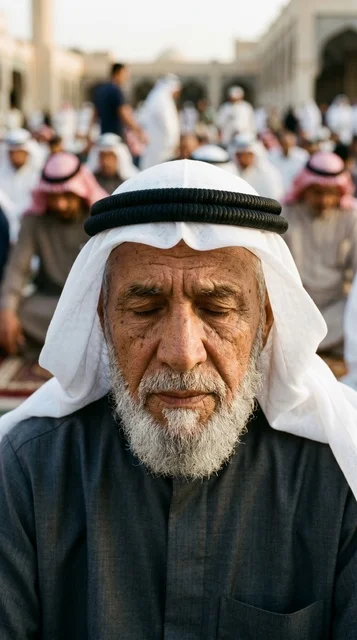 رجل كويتي مسن في صلاة العيد لقطة مقربة
