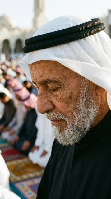 رجل مسن كويتي يؤدي صلاة العيد بخشوع في الكويت