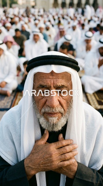 رجل كويتي مسن يصلي بخشوع في صلاة العيد