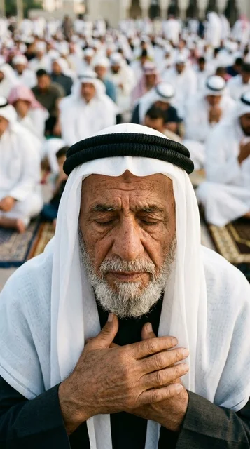 رجل كويتي مسن يصلي بخشوع في صلاة العيد