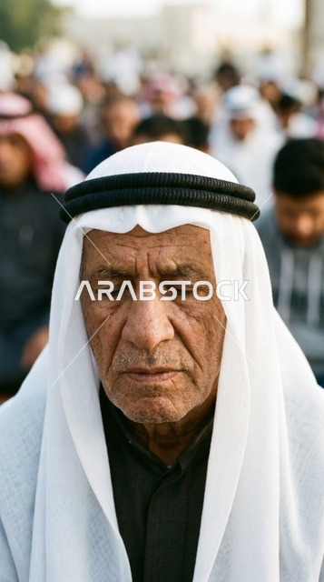 رجل كويتي مسن يصلي بخشوع في صلاة العيد