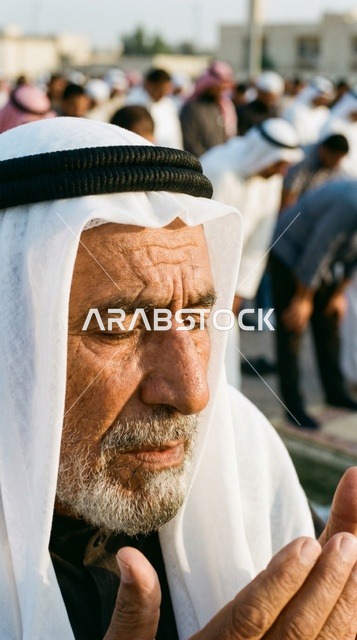 رجل كويتي مسن يصلي صلاة العيد لقطة مقربة