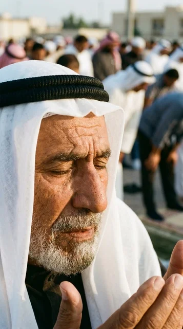 رجل كويتي مسن يصلي صلاة العيد لقطة مقربة