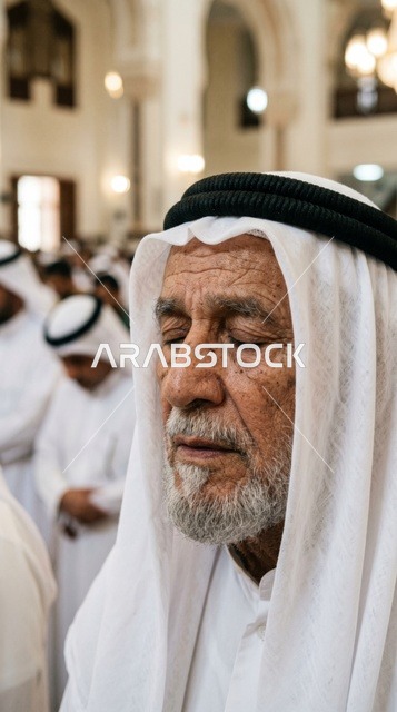 رجل كويتي مسن يصلي في المسجد لقطة مقربة