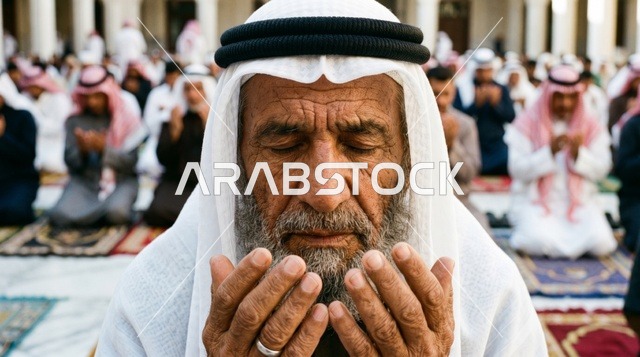 رجل كويتي مسن يصلي في المسجد لقطة مقربة