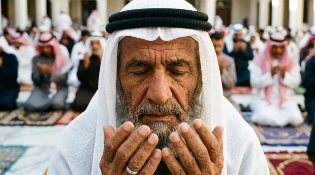 رجل كويتي مسن يصلي في المسجد لقطة مقربة
