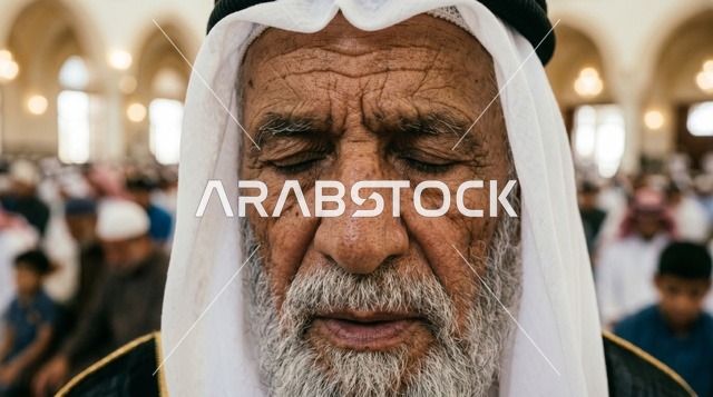 رجل كويتي مسن يصلي بخشوع في صلاة العيد