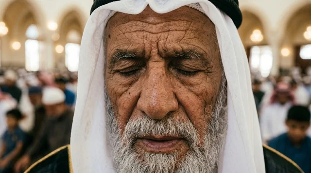 رجل كويتي مسن يصلي بخشوع في صلاة العيد