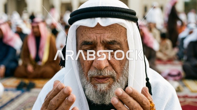 رجل كويتي مسن يصلي العيد بلقطة مقربة